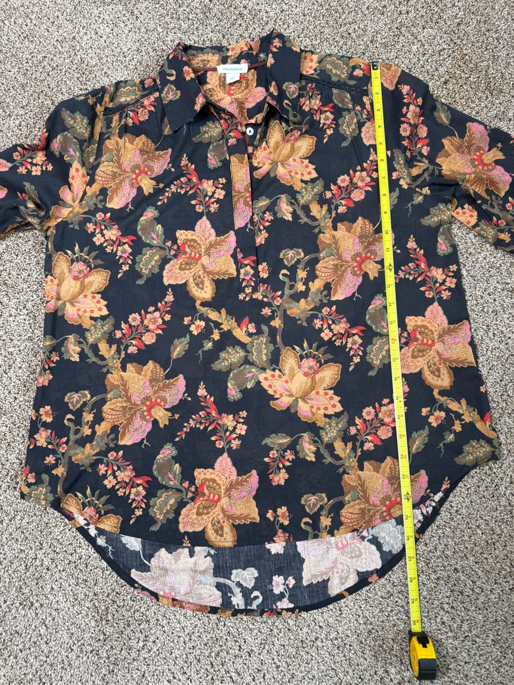 Sundance Blouse Floral Half Button Cotton Lace Detail Black Size M - Picture 8 of 13